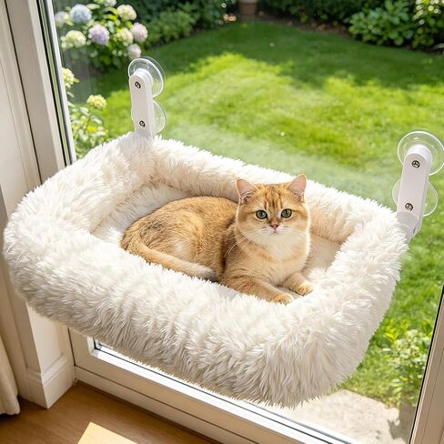 Zoratoo Cloud-Snuggle Cat Window Perch with 4-Sided Ultra-Thick & Fluffy Plush Cushion Bed, Foldable Cordless Cat Window Hammock for Window with Sturdy Metal Frame for Large Cats and Kittens (M, Gray) in Kuwait