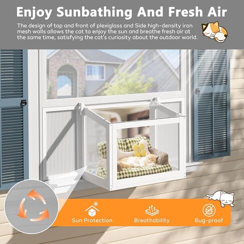 BlueWish Catio Outdoor Cat Enclosure, Cat Window Perch with Waterproof Transparent Top Fits Vertical Window Frames 26" to 42" Wide, Window Box for Sunbathing, Napping & Overlooking in Kuwait