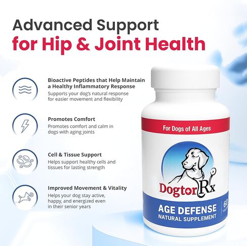 DogtorRx Age Defense، مكمل لدعم المفاصل والحركة لكبار السن، مفاصل وأربطة صحية، فيتامينات متعددة قابلة للمضغ للكلاب ومكمل لجميع السلالات والأحجام، صنع في الولايات المتحدة الأمريكية (60 قرصًا) in Kuwait