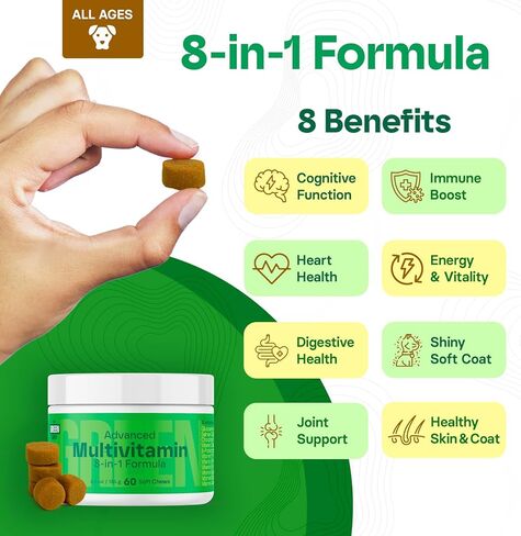 8-in-1 Advanced Multivitamin for Dogs - Omega-3, Joint & Bone Support, Skin & Coat Health - Dog Vitamins & Probiotics for Digestion - Dog Supplies Chicken Flavored 60 Soft Chews in Kuwait