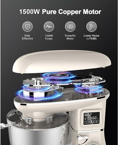 خلاط قائم مع شاشة LED ومؤقت 6.5QT وعاء من الفولاذ المقاوم للصدأ، 1350 وات 6 سرعات مطبخ كهربائي خلاط قائم لخبز الكعك والكعك والخبز وسلطة الطعام مع خفاقة البيض وخطاف العجين والخافق - أبيض in Kuwait