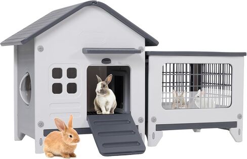 Rabbit Hutch Outdoor Indoor Plastic Waterproof Bunny Cage Enclosure Chew-Proof Rabbit House Guinea Pig Cage Pet House for Small Animals,Two Room in Kuwait