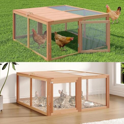 Folding Chicken Coop & Rabbit Hutch, Portable Wooden Cage with 2 Doors, Easy Setup for Indoor/Outdoor Small Animals & Poultry, Wood in Kuwait