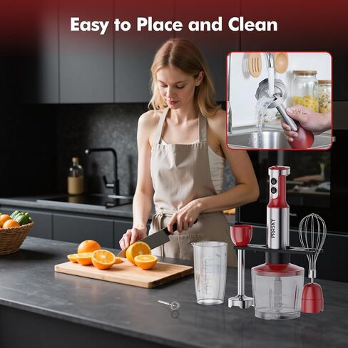 Immersion Blender Handheld 1200W, 5-in-1 Hand Blenders, 20 Speeds Hand Mixer, Stainless Steel Blades, Milk Frother Wand, Whisk, Beaker, Suitable for Kitchen, Protein Shakes and Baby Food (Red) in Kuwait