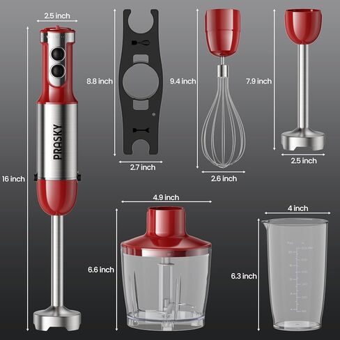 Immersion Blender Handheld 1200W, 5-in-1 Hand Blenders, 20 Speeds Hand Mixer, Stainless Steel Blades, Milk Frother Wand, Whisk, Beaker, Suitable for Kitchen, Protein Shakes and Baby Food (Red) in Kuwait