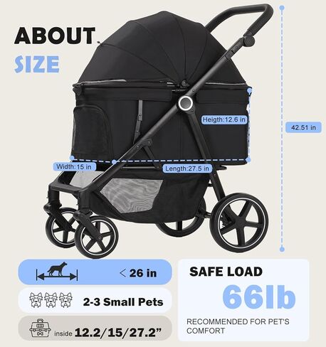 Dog Stroller for Medium Large Dogs up to 66lbs,Pet Stroller for 2 Small Dogs with Adjustable Handle & Canopy, Foldable,Storage Organizer in Kuwait