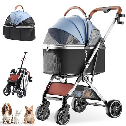 GTPLAYER Pet Stroller for Small Dogs & Cats, 3-in-1 Foldable Pet Stroller with Detachable Carrier, 360° Swivel Front Wheels & Rear Brakes, Up to 45 lbs, Light Blue in Kuwait