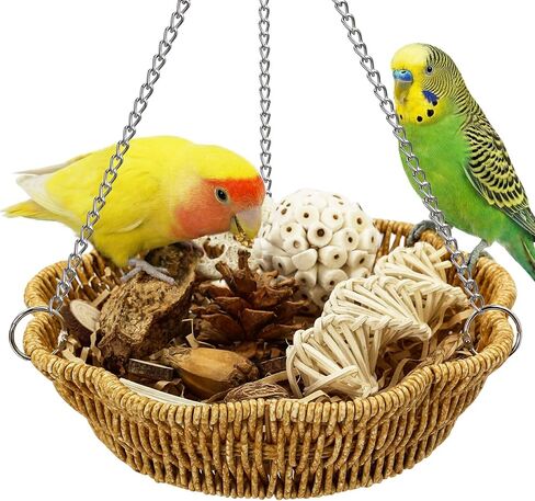 20Pcs Bird Foraging Toy Set with Hanging Basket, Natural Shredding & Chew Enrichment Toys for Parrots Cockatiels, Budgies, Parakeets, Cage or Floor Puzzle Foraging Toys for Mental Stimulation in Kuwait