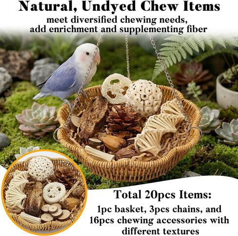 20Pcs Bird Foraging Toy Set with Hanging Basket, Natural Shredding & Chew Enrichment Toys for Parrots Cockatiels, Budgies, Parakeets, Cage or Floor Puzzle Foraging Toys for Mental Stimulation in Kuwait