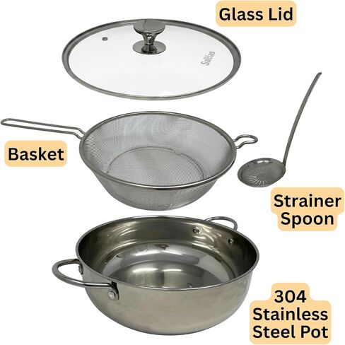 Saltlas 4.4Qt/4.2L Deep Fryer Pot with Basket and Strainer Spoon, 304 Stainless Steel Fish Frying Pot for Seafood, Chicken, French Fries, Japanese Tempura in Kuwait
