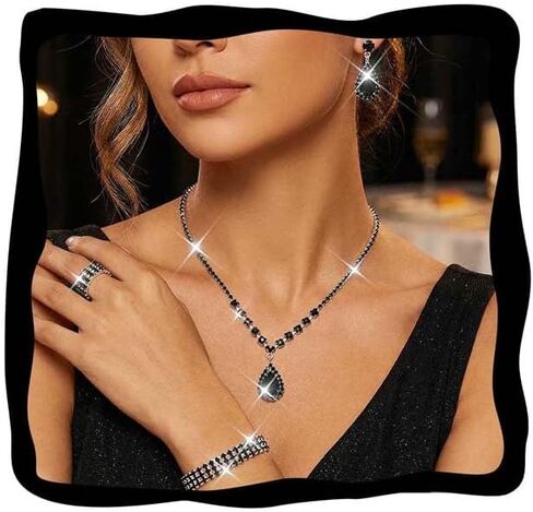 Unicra Bridal Wedding Jewelry Set Silver Rhinestone Necklace Earrings Bracelet Ring Sets Formal Costume Jewelry for Women and Brides in Saudi Arabia