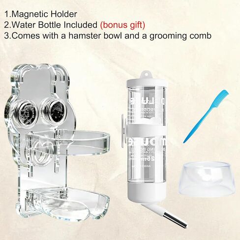 Magnetic Hamster Water Bottle Holder with 80ml Water Bottle & Feeding Bowl, Adjustable Height & Drop-Resistant, for Hamsters Gerbils Mice Small Pets（1.8in X 2.4 in X 3.9 in） in Kuwait