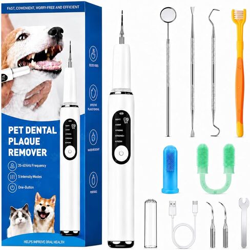 Dog Teeth Cleaning Kit Dog Plaque and Tartar Remover with LED Light 5 Adjustable Modes Electric Toothbrush Pet Teeth Cleaner for Dogs and Cats (White and Blue Finger Cots) in Kuwait