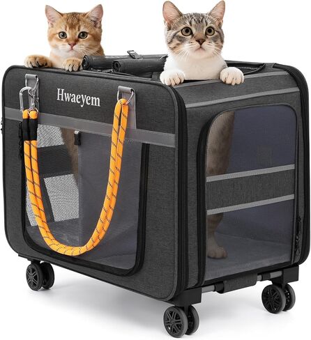 Rolling Cat Carrier for 2 Cats, 24" Large Capacity Pet Carrier with Wheels for Pets up to 40 lbs, Double Compartment Dog Travel Bag with Removable Divider & Telescopic Handle, Foldable(Black, 24inch) in Kuwait