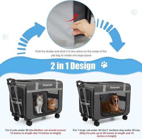 Rolling Cat Carrier for 2 Cats, 24" Large Capacity Pet Carrier with Wheels for Pets up to 40 lbs, Double Compartment Dog Travel Bag with Removable Divider & Telescopic Handle, Foldable(Black, 24inch) in Kuwait