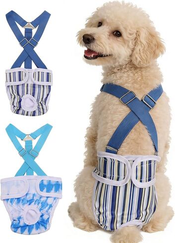 Washable Female Dog Diapers with Suspender, Reusable Dog Diapers Absorbent Leakproof(Striped Blue/Tie-Dye Light Blue XS, 2Pcs), Intended for Female in Heat Cycle in Saudi Arabia