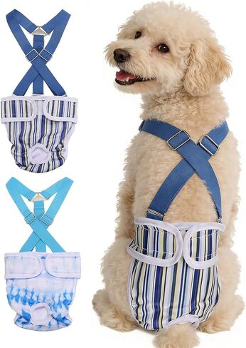 Washable Female Dog Diapers with Suspender, Reusable Dog Diapers Absorbent Leakproof(Striped Blue/Tie-Dye Light Blue XS, 2Pcs), Intended for Female in Heat Cycle in Saudi Arabia