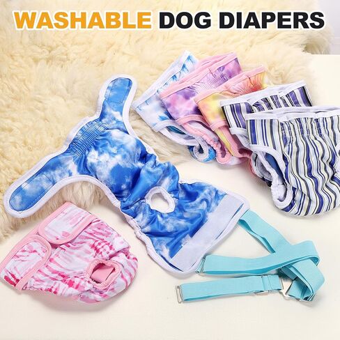 Washable Female Dog Diapers with Suspender, Reusable Dog Diapers Absorbent Leakproof(Striped Blue/Tie-Dye Light Blue XS, 2Pcs), Intended for Female in Heat Cycle in Saudi Arabia