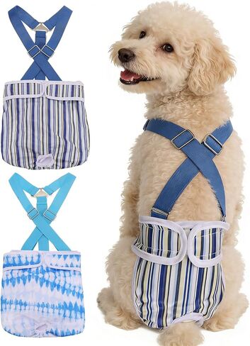Washable Female Dog Diapers with Suspender, Reusable Dog Diapers Absorbent Leakproof(Striped Blue/Tie-Dye Light Blue XS, 2Pcs), Intended for Female in Heat Cycle in Saudi Arabia