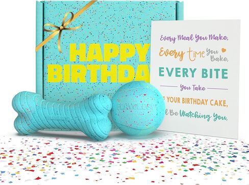 Playology Dog Toys | Birthday Box for Large Dogs | Peanut Butter Birthday Cake Scented Jumbo Gift Bundle | 1 Squeaky Chew Ball, 1 Dual Layer Bone, & 1 Doggy Bday Card in Kuwait