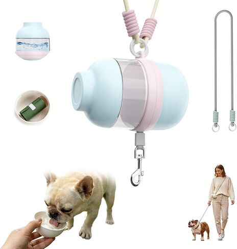 3 in 1 Dog Water Bottle with Crossbody Strap & Retractable Leash, Portable Dog Travel Water Bottle with Treat & Poop Bag Dispenser for Small Dogs Walking Hiking(Off-White) in Saudi Arabia