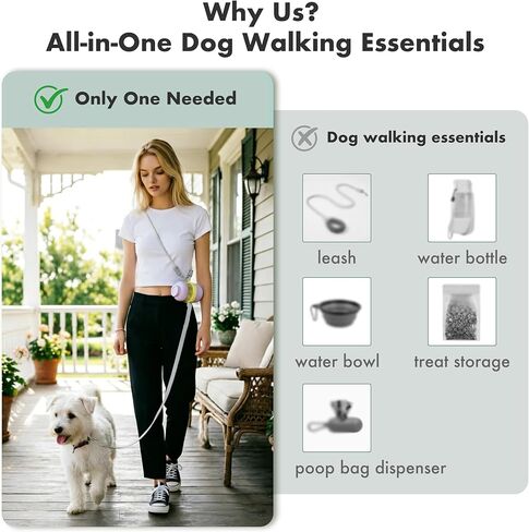 3 in 1 Dog Water Bottle with Crossbody Strap & Retractable Leash, Portable Dog Travel Water Bottle with Treat & Poop Bag Dispenser for Small Dogs Walking Hiking(Off-White) in Saudi Arabia