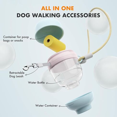 3 in 1 Dog Water Bottle with Crossbody Strap & Retractable Leash, Portable Dog Travel Water Bottle with Treat & Poop Bag Dispenser for Small Dogs Walking Hiking(Off-White) in Saudi Arabia