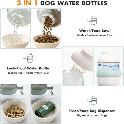 3 in 1 Dog Water Bottle with Crossbody Strap & Retractable Leash, Portable Dog Travel Water Bottle with Treat & Poop Bag Dispenser for Small Dogs Walking Hiking(Off-White) in Saudi Arabia