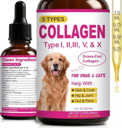Premium Collagen for Dogs & Cats - 5 Types of Grass-Fed Collagen (I, II, III, V & X), Liquid Support for Skin, Coat, Itch Relief, Hips & Joints, Immunity with MSM, Biotin, Hyaluronic Acid, 2oz(60ml) in Kuwait