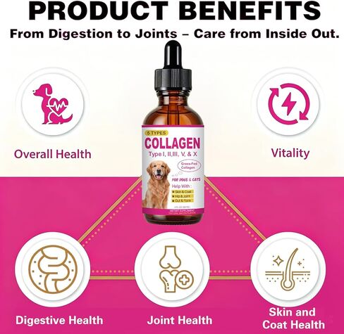 Premium Collagen for Dogs & Cats - 5 Types of Grass-Fed Collagen (I, II, III, V & X), Liquid Support for Skin, Coat, Itch Relief, Hips & Joints, Immunity with MSM, Biotin, Hyaluronic Acid, 2oz(60ml) in Kuwait