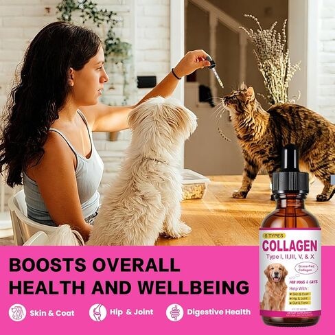 Premium Collagen for Dogs & Cats - 5 Types of Grass-Fed Collagen (I, II, III, V & X), Liquid Support for Skin, Coat, Itch Relief, Hips & Joints, Immunity with MSM, Biotin, Hyaluronic Acid, 2oz(60ml) in Kuwait