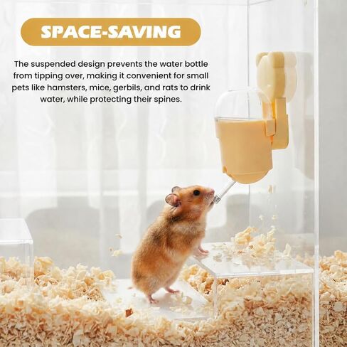 Magnetic Hamster Water Bottle, 3.7 oz Glass Small Pet Water Dispenser with Quiet Vacuum Nozzle, Drop-Resistant Holder for Cage or Glass Tank, for Hamsters, Gerbils and Mice(Yellow) in Kuwait