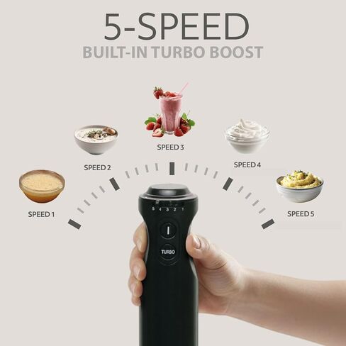 خلاط غمر WILLOW Eco Series 5 سرعات محمول، قوي وهادئ، خلاط كهربائي بقوة 500 واط مع وضع توربو وقاعدة قابلة للإزالة، خلاط يدوي للحساء والعصائر، 304 ستانلس ستيل - أسود in Kuwait