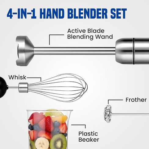 TEGH 4-in-1 Immersion Hand Blender Set - 800W Powerful Stainless Steel Stick Blender with Whisk, Chopper and Beaker - 8-Speed Handheld Blender for Smoothies, Soup, Baby Food and Puree in Kuwait