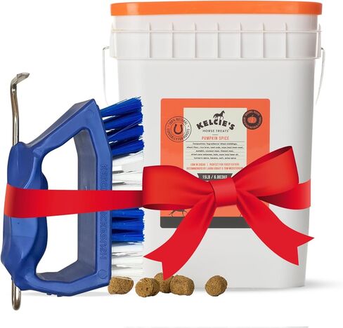 Kelcie’s Horse Care Essentials Bundle - Pumpkin Spice Horse Treats (15 lb) with Bucket + Hoof Pick Brush Grooming Tool | Healthy Treats & Easy Hoof Cleaning in Kuwait