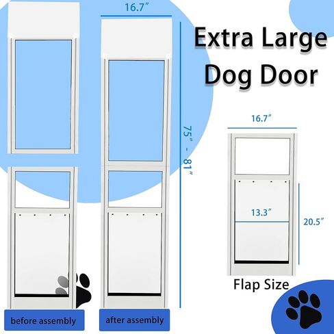 XL Dog Door for Sliding Glass Door Adjustable 75“ to 81" Slider Height,All-Metal Framed & Panel with Rotating Screws in Kuwait