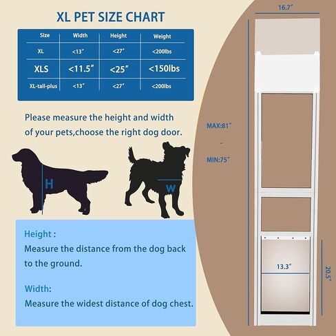 XL Dog Door for Sliding Glass Door Adjustable 75“ to 81" Slider Height,All-Metal Framed & Panel with Rotating Screws in Kuwait