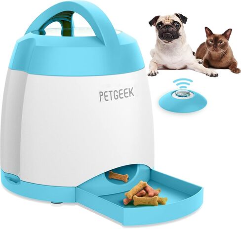 PETGEEK Automatic Dog Treat Dispenser, Interactive Pet Toy Food Dispensing for IQ Training, Dog Food Dispenser with Button Remote Push, Dual Power Supply for Indoor Outdoor Use, Blue in Kuwait