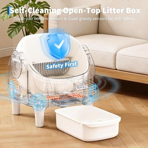 Self Cleaning Litter Box, Automatic Cat Litter Box with APP Control, Odor-Free Waste Disposal Includes Trash Bags, Large Waste Bin, Open-Top Automatic Litter Box for Multiple Cats, White in Kuwait