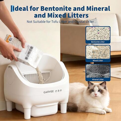 Self Cleaning Litter Box, Automatic Cat Litter Box with APP Control, Odor-Free Waste Disposal Includes Trash Bags, Large Waste Bin, Open-Top Automatic Litter Box for Multiple Cats, White in Kuwait