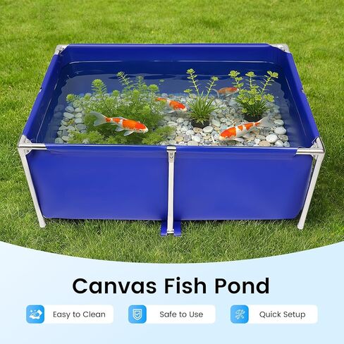 Canvas Foldable Fish Pond, 47"x31"x19" Above Ground Aquarium Tank for Koi & Breeding Blue Portable Water Display Storage with Steel Frame & Drain Valve in Kuwait