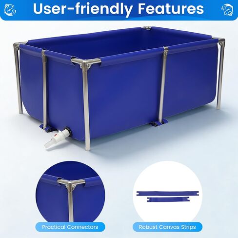 Canvas Foldable Fish Pond, 47"x31"x19" Above Ground Aquarium Tank for Koi & Breeding Blue Portable Water Display Storage with Steel Frame & Drain Valve in Kuwait