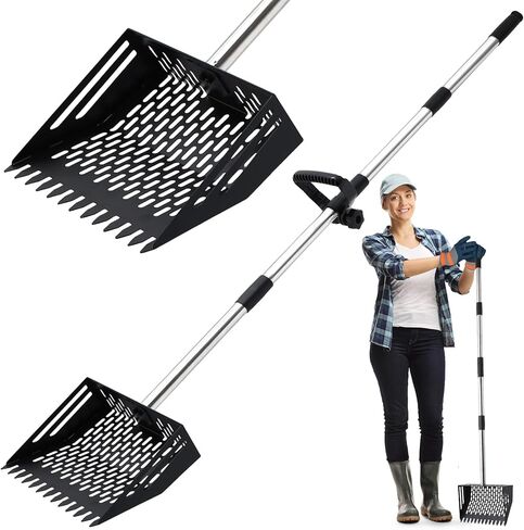 Chicken Poop Scooper, 10 Inch 2 in 1 Stainless Steel Sand Sifting Shovel & Rake with 35" to 62" Adjustable Length, Durable Litter Cleaner with Detachable Handle for Chicken Coop Farm Animal(Blue) in Saudi Arabia