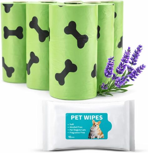 Dog Poop Bags & Water-Based Pet Wipes Kit – Extra Thick Leak-Proof Waste Bags + Gentle Unscented Pet Wipes – Clean-Up Essentials for Walks, Parks & Travel in Kuwait