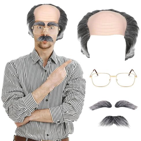 Old Man Wig Grey Funny Wig Kit With Gray Wigs, Vintage Eyeglasses And Bushy Mustache For School Parties, Cosplay, Halloween, Suitable For Adults And Teenagers in Saudi Arabia