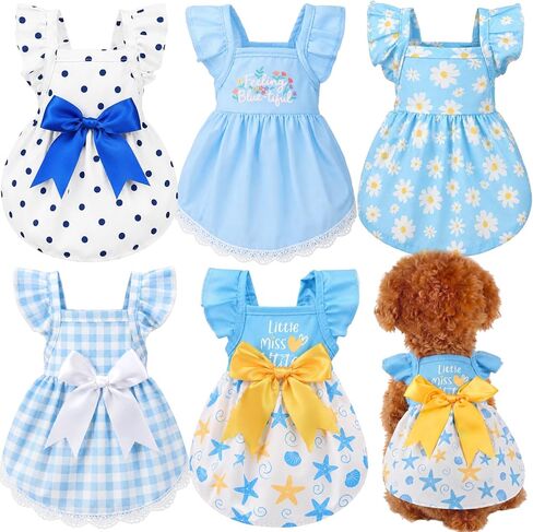 5 قطع من فستان Abbylike للكلاب مزين بالزهور وزهرة الأقحوان وعقدة على شكل فيونكة للكلاب، فساتين صيفية لطيفة للجرو، ملابس ناعمة للحيوانات الأليفة والقطط النسائية (وردي حلو، كبير) in Kuwait