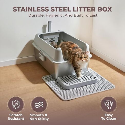 Stainless Steel Litter Box XL, Extra Large High Sided Litter Box with Handles for Big Cats, Anti-Urine Leakage Metal Cat Litter Box, Easy-Clean, Non-Stick, Includes Scoop and Mat in Kuwait