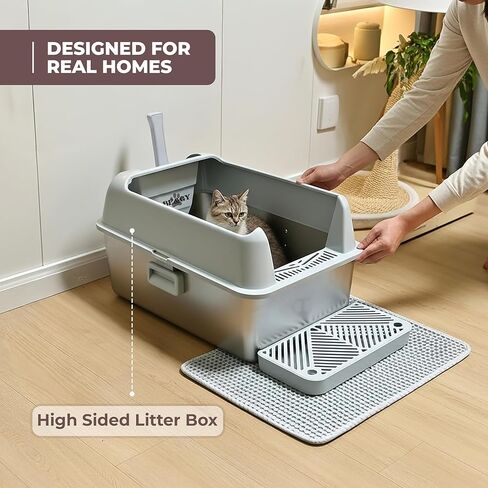Stainless Steel Litter Box XL, Extra Large High Sided Litter Box with Handles for Big Cats, Anti-Urine Leakage Metal Cat Litter Box, Easy-Clean, Non-Stick, Includes Scoop and Mat in Kuwait