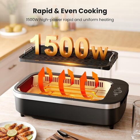 Kismile Smokeless Indoor Grill, 1500W Electric Grill with 6-Level Temp Control, Korean BBQ Grill with Glass Lid, Compact & Portable, Non-Stick Grill Plate, Auto Shut Off & Dishwasher Safe in Kuwait
