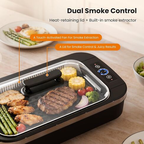 Kismile Smokeless Indoor Grill, 1500W Electric Grill with 6-Level Temp Control, Korean BBQ Grill with Glass Lid, Compact & Portable, Non-Stick Grill Plate, Auto Shut Off & Dishwasher Safe in Kuwait